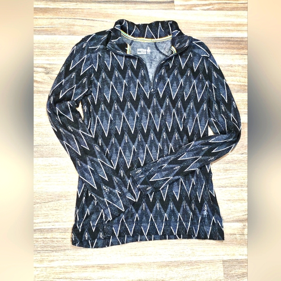 Smartwool 1/4 Zip Black Zig Zag Base Layer Merino Wool Shirt Women's Size L - Picture 1 of 5